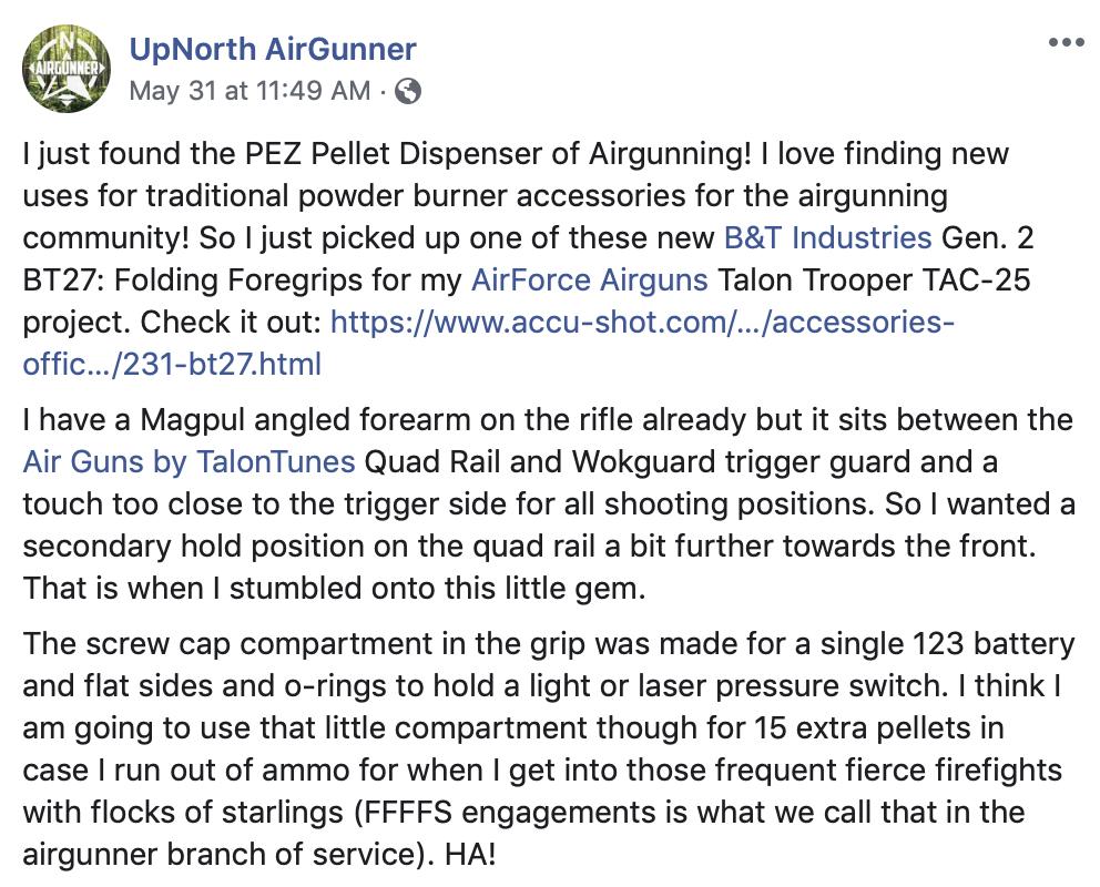btindllc's tweet image. For all you air gunners out there! Not something considered when we 1st designed the BT27 Folding Foregrip, but it certainly works. Thanks #UpNorthAirGunner for sharing! accu-shot.com/catalog_new/ac… #WeAreSupport #Foregrip #FoldingForegrip #Airgun #Pellets #Airgunners #TheMoreYouKnow