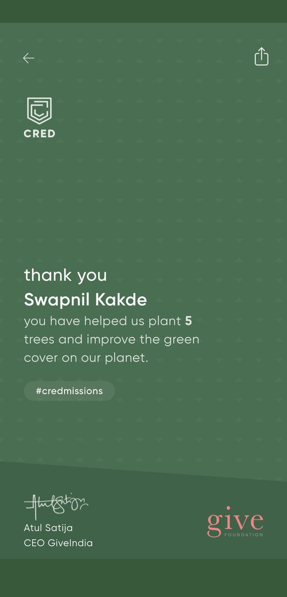 Swapnil_Kakde11's tweet image. I just helped plant 5 trees through CRED. I urge you to plant at least 5 trees in this rainy season. #credmissions cred.onelink.me/k63y/rewards