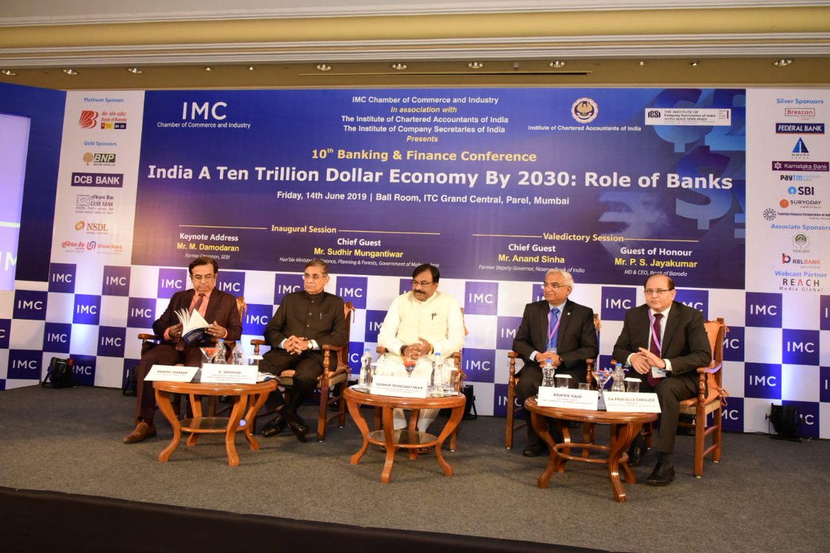 IMC_India's tweet photo. Address by Chief Guest, Shri Sudhir Mungantiwar, @MahaForest Hon’ble Minister for Finance, Planning & Forest, GOM, at 10th Banking & Finance Conference #IMCBankingConference “India a Ten Trillion Dollar Economy by 2030 : Role of Banks” today at ITC Grand Central Hotel https://t.co/byGbJ2N6u8