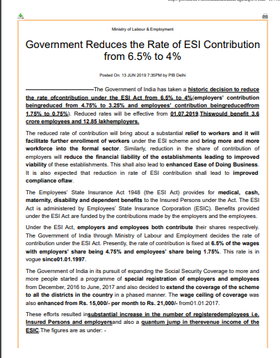visionindiaspl's tweet photo. One more welcome initiative from the Centre to Labour Reforms &amp; Service Industries. Effective July 1 19, ESIC contribution of employers cut from 4.75% to 3.25% and Employees Contribution from 1.75% to 0.75% only. 
The move will benefit 36 mn insured persons &amp; 1.3 mn organizations https://t.co/yUK1PomhRd