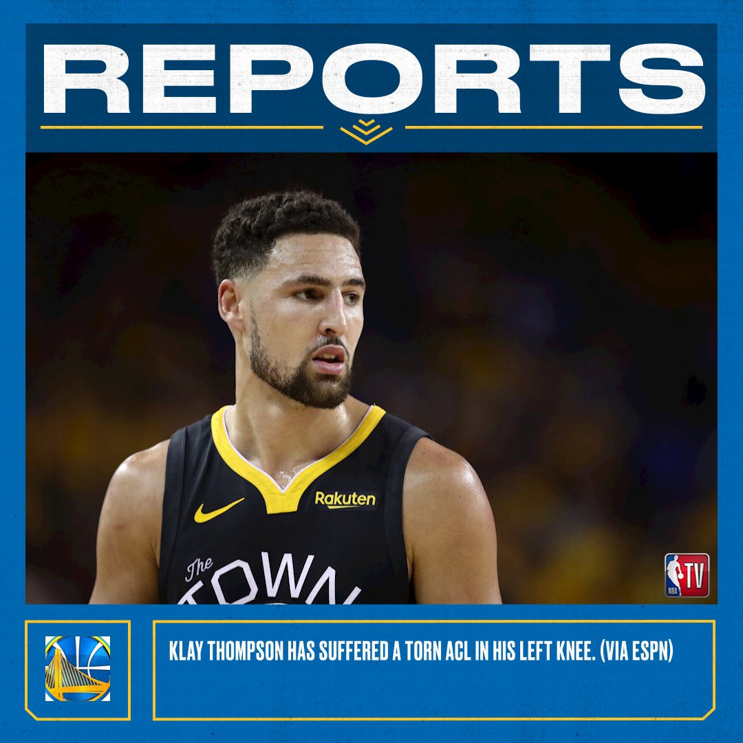 NBATV's tweet photo. Klay Thompson has reportedly suffered a torn ACL in his left knee. https://t.co/rV6iR5HiG3