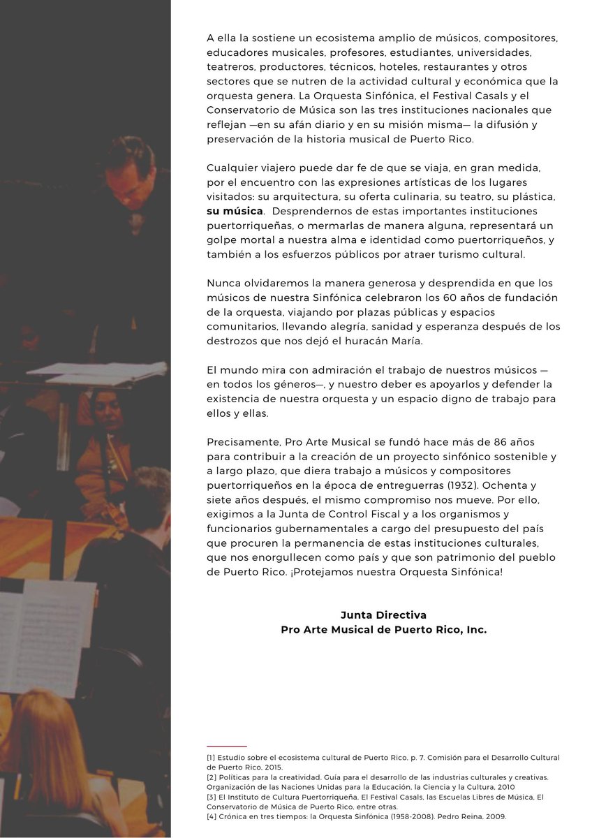 La Junta Directiva de <a href="/ProArteMusical/">Pro Arte Musical</a> publicó hoy una carta abierta en la que se manifiesta vehementemente en contra de cualquier recorte presupuestario que suponga merma alguna, o hasta la desaparición, de la Orquesta Sinfónica de Puerto Rico. Aquí la carta 👇 #YoApoyoMiOrquesta
