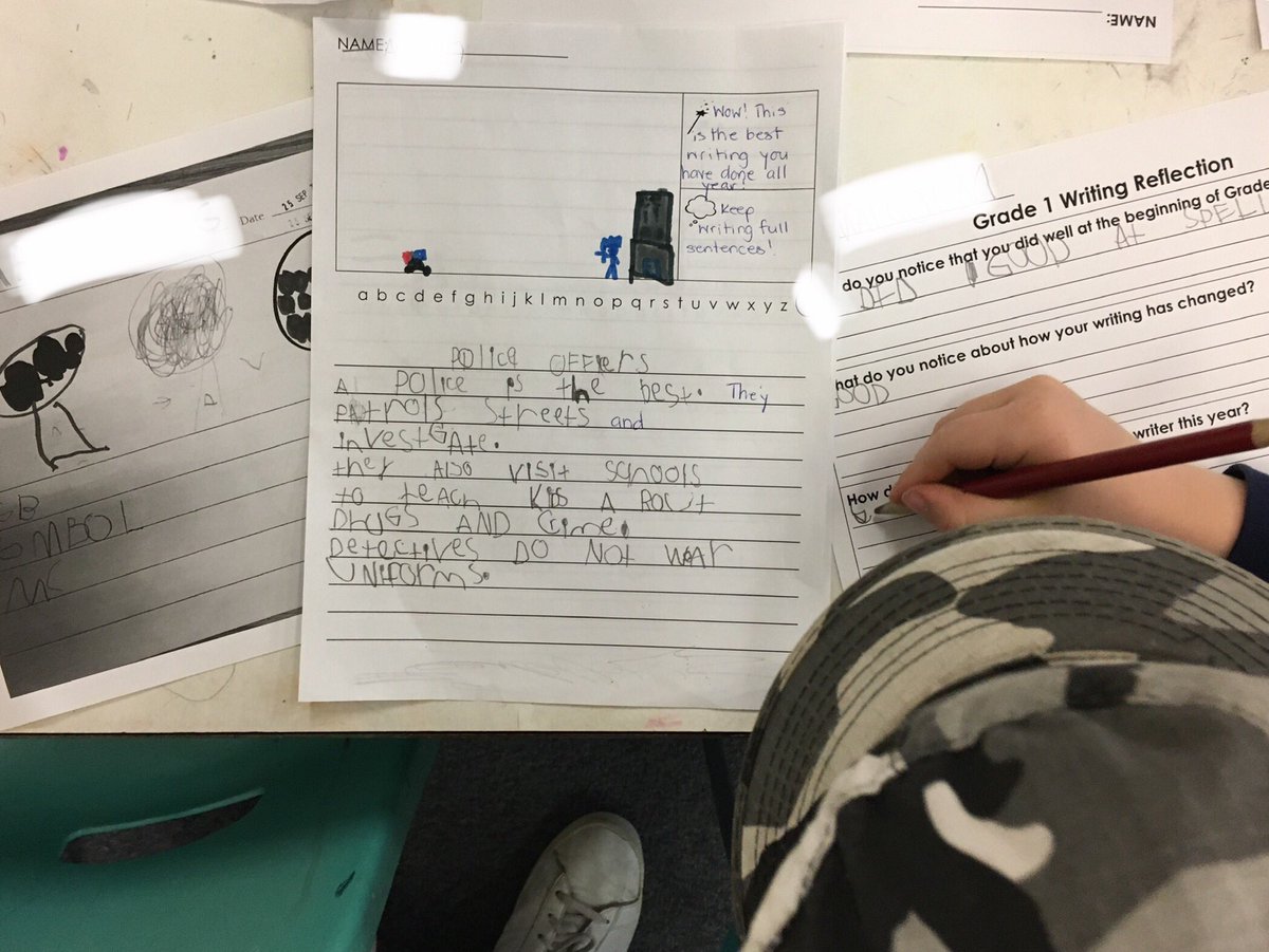 B_Rieper's tweet photo. In #RHM203 we are taking time to reflect on our growth as writers this year. Noticing what we came in capable of, naming our feelings about our learning, and setting goals for ourselves. Ss are so proud of themselves- as they should be! @RHMcGregor1 @EarlyYearsTDSB @LC4_TDSB https://t.co/DRuI3fLFhg