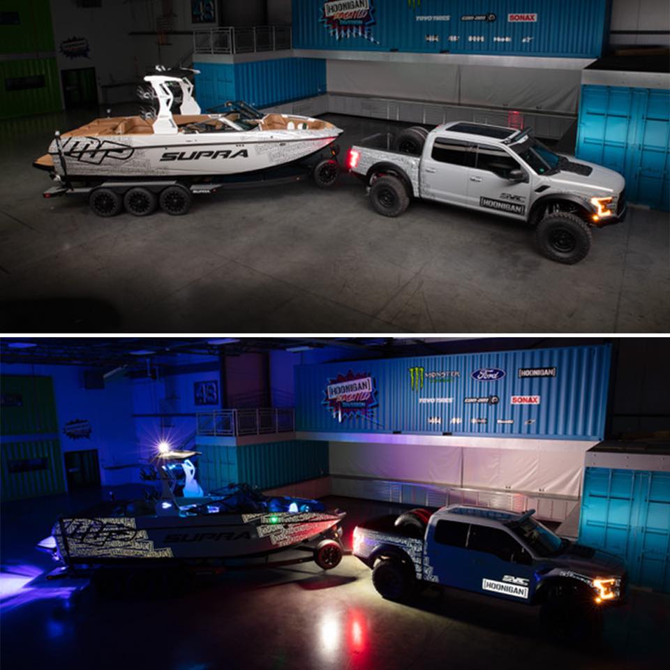 boathouseh2o's tweet photo. Ken Block is at it again w/ this insane custom wrap-matched rig!! π±The 2019 Supra SL550 pulled by his SVC Ford Raptor! #thisisboating https://t.co/4jwIahl7a4