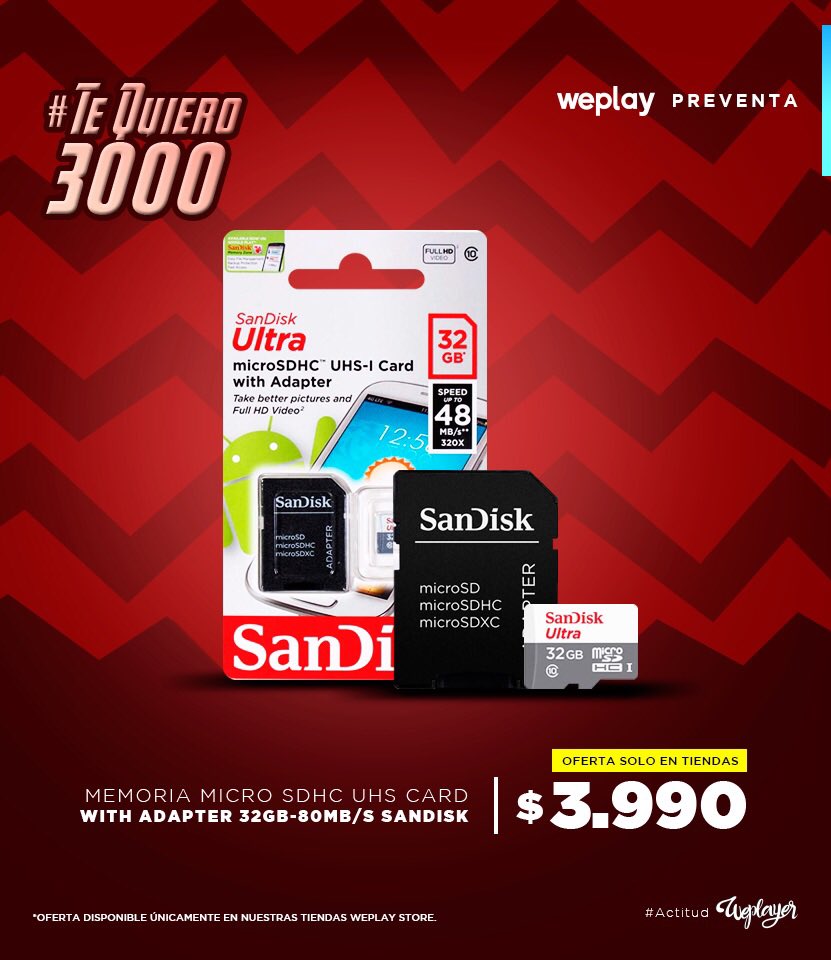 weplaystore_cl's tweet photo. [OFERTA #DÍADELPAPÁ SOLO EN TIENDAS FÍSICAS] Disfruta el maravilloso precio oferta de la tarjeta de memoria #MicroSDHC 32GB #SanDisk 😍 Revisa la características del producto aquí: https://t.co/EfQtZsgBtg 💪 Oferta disponible solo en tiendas Weplay Store https://t.co/xKW9ivRZEt