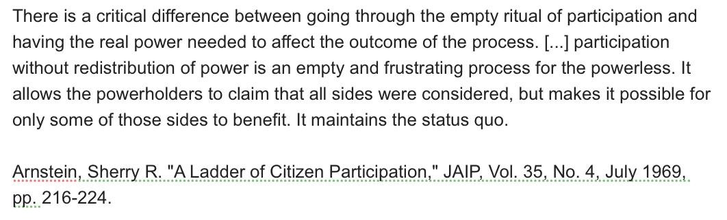 Nice Sherry Arnstein quote via #SystemsSanctuary yesterday on #participation and #power.

Thanks <a href="/KatieStubley/">KatieStubley</a> 🙌👏

cc @unevendistrib @RachelmSinha <a href="/tatiana_fraser/">tatiana fraser</a> @linaXpatel <a href="/seannalee/">seanna davidson</a> we missed you <a href="/alicehv/">Alice Howard-Vyse</a> <a href="/adithipandit/">Adithi Pandit</a>