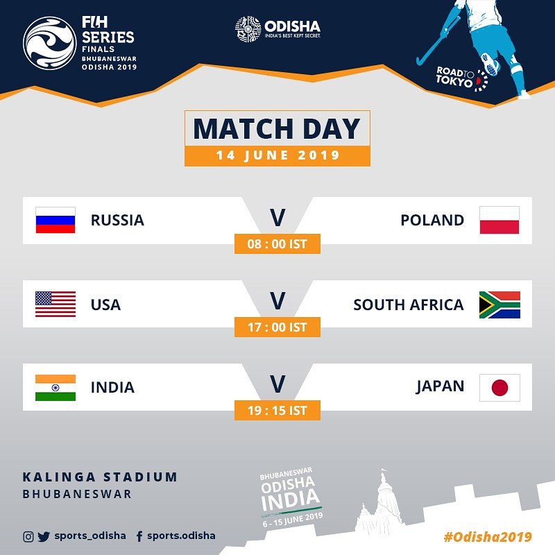 sports_odisha's tweet photo. Let’s have a look at the fixtures for today at FIH Men's Series Finals Bhubaneswar Odisha 2019.
⏰ 08:00 IST 🇷🇺#RUSvPOL🇵🇱
⏰ 17:00 IST 🇺🇸#USAvRSA
⏰ 19:15 IST 🇮🇳#INDvJPN🇯🇵
🏟 Kalinga Stadium
#FIHSeriesFinals #RoadToTokyo #Odisha2019 https://t.co/UlSx5AFCUT