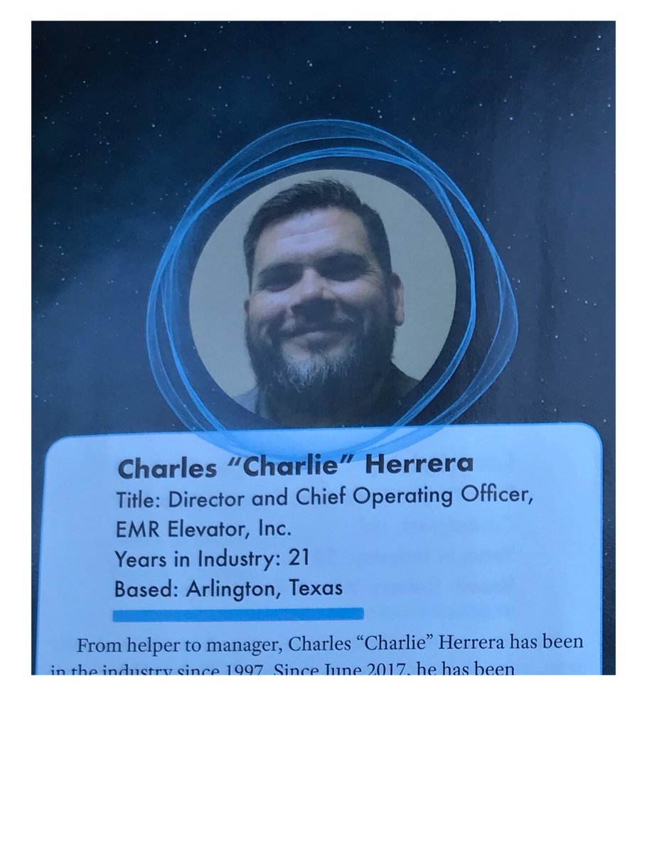 ElevatorEmr's tweet photo. We are honored to have another recognition in Elevator World magazine! Charlie Herrera was one of the many nominated and chosen for this June’s People Issue! We are so proud of our team. #EMR #Elevator #elevatorworld #Peopleissue #june #magazine #EW https://t.co/3QarVaYdOE