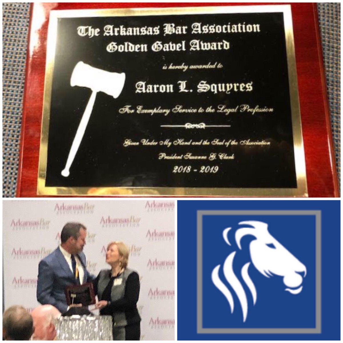 wilsonlawpride's tweet photo. Earlier today at the @Arkbar Annual Meeting, Aaron Squyres was presented with a Golden Gavel Award for his service as Chair of the Legislation Committee. Thank you, Aaron, for your continued dedication to the legal profession. #ArkBarAM #WilsonandAssociates https://t.co/zyjab4xwGe