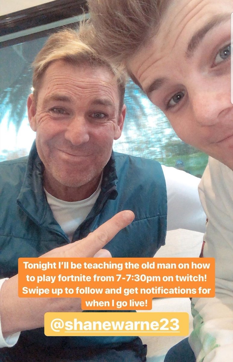 Tonight <a href="/Jackson_Warne18/">Jackson Warne</a> teaches <a href="/ShaneWarne/">Shane Warne</a> how to play Fortnite!

twitch.tv/shadewarne