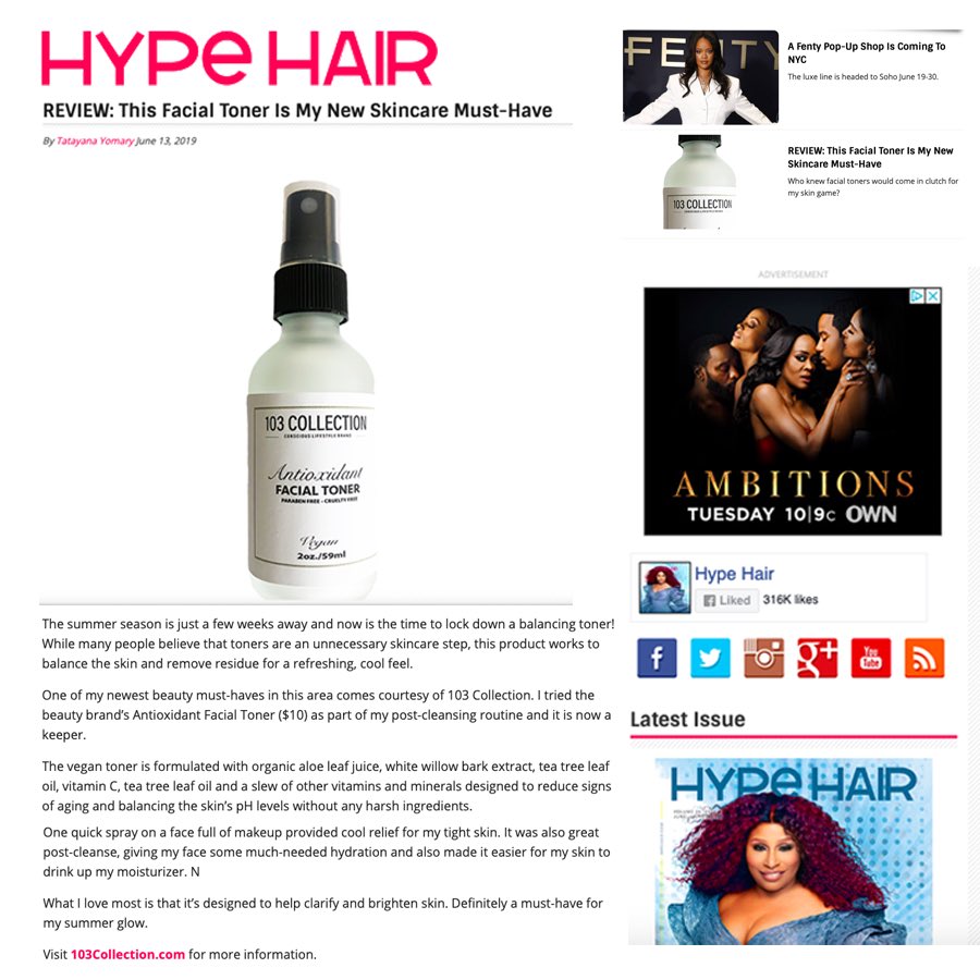 Thank you @hypehair @machineguntatyy__ for featuring our Antioxidant Facial Toner! It’s time you Go Green For Bae and get healthy glowing skin this summer. 103collection.com
.
.
#skincare #plantbased #vegan #beauty #103collection #instagramdown #gogreenforbae #hypehair