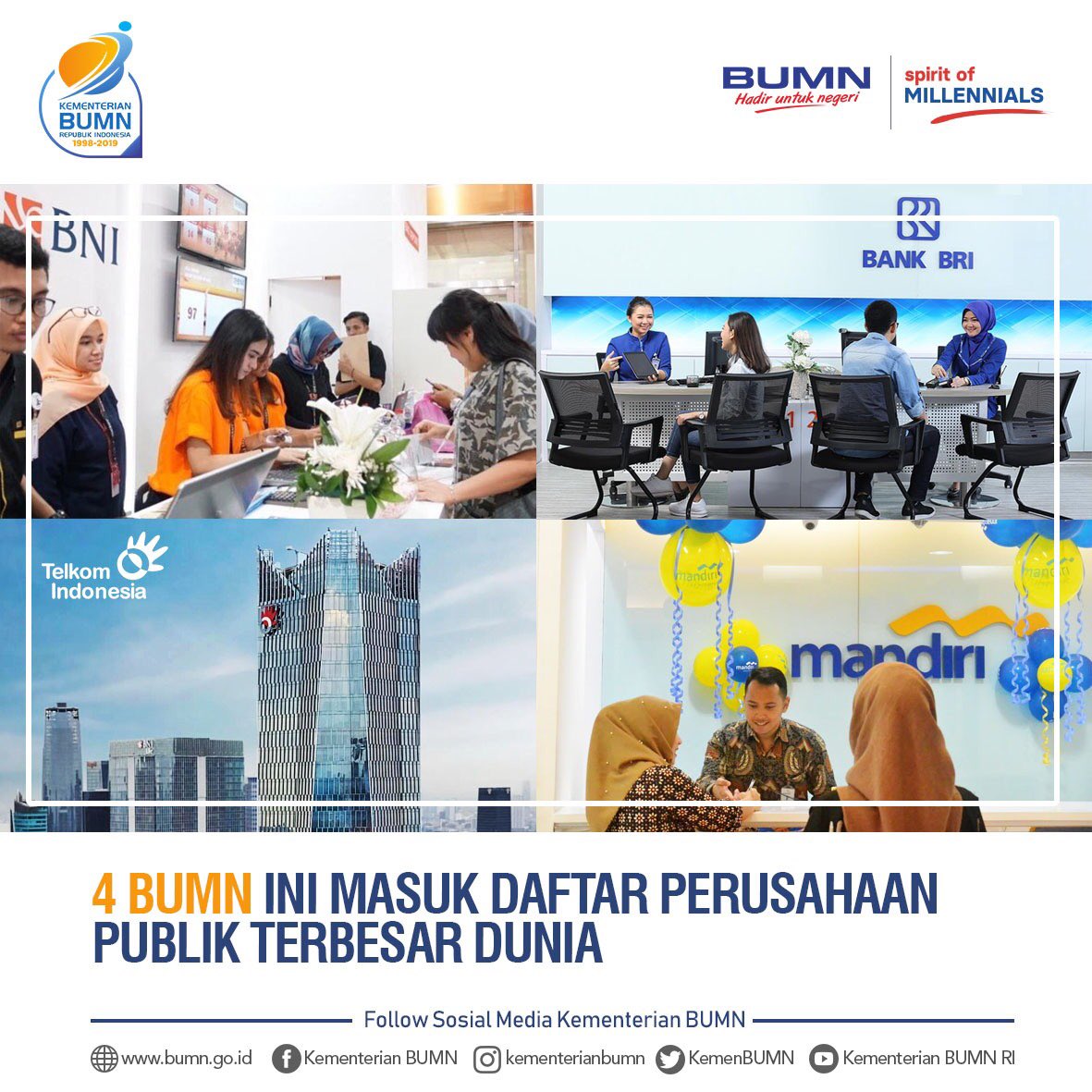 bumn_idn's tweet photo. Hebat! 4 BUMN Masuk Daftar Perusahaan Publik Terbesar Dunia pada 2019 versi majalah ekonomi asal Amerika Serikat (AS), Forbes lho #SobatBUMN. Selengkapnya disini https://t.co/69d2xpxdIA
.
#BUMNHadirUntukNegeri https://t.co/FMsasx5YQp