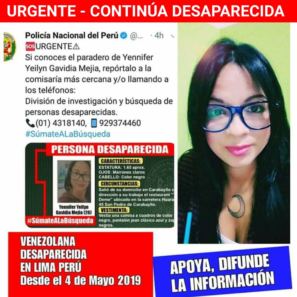 manuelita1504's tweet photo. #ApoyaConTuRt💜
#DóndeEstáYennyferGavidia
Yennifer Yeilin Gavidia Mejía (26)
#VenezolanaDesaparecidaEnPerú
#YenniferGavidia reside en #Lima #Perú
Salió de su domicilio en #Carabayllo el #4Mayo 2019 al trabajo en Carretera #Huara 45 #SanPedroDeCarabayllo
@Ketsycarola
@tejiendonos https://t.co/6FrRFpVEBh