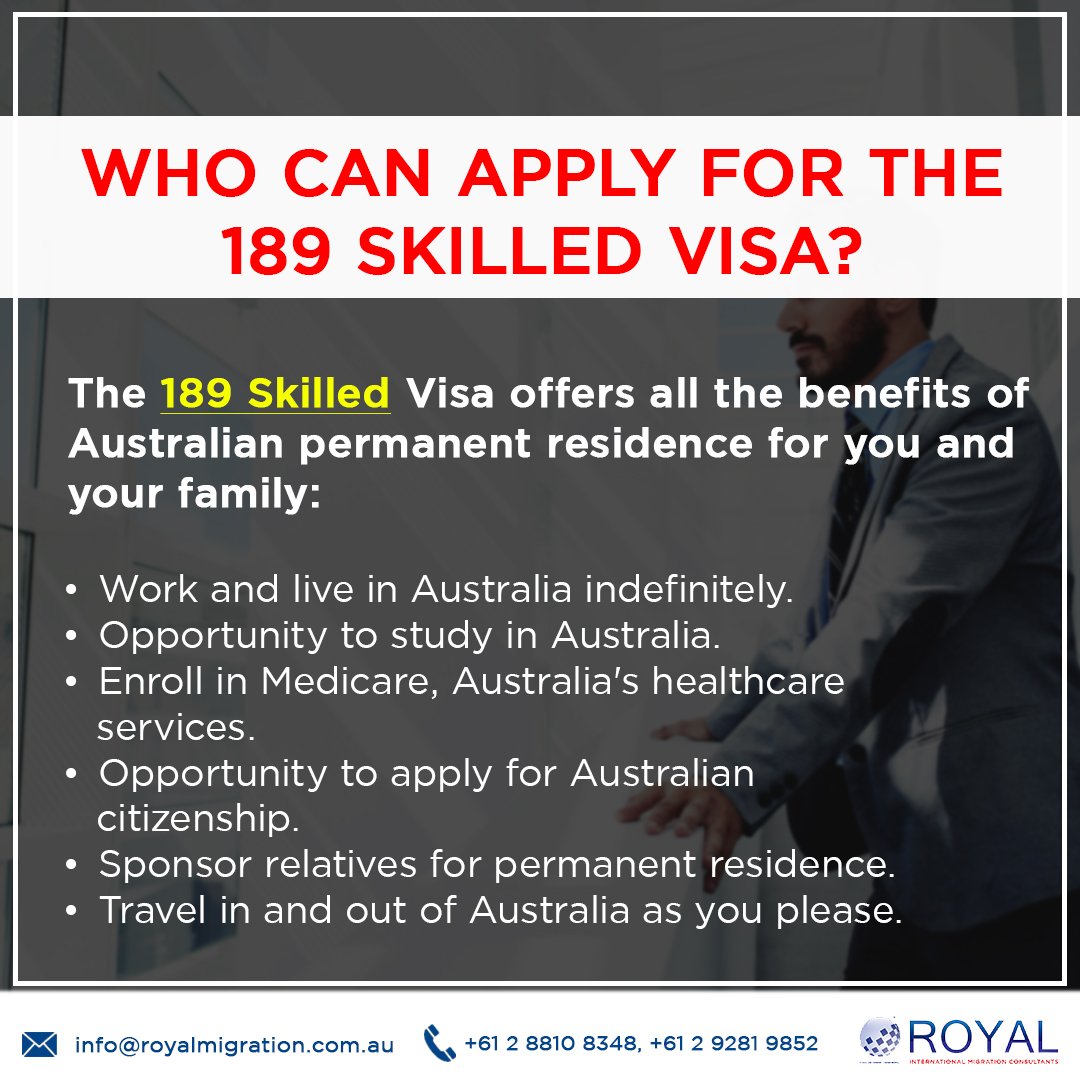 ***Fly Australia with Skilled Independent 189***

Contact us to know more about Skilled Independent Visa Subclass 189. Call at  +61 2 9281 9852, +61 2 8810 8348 or Email: info@royalmigration.com.au

#Australia #Subclass189 #SkilledIndependentVisa #SkilledVisa #PR