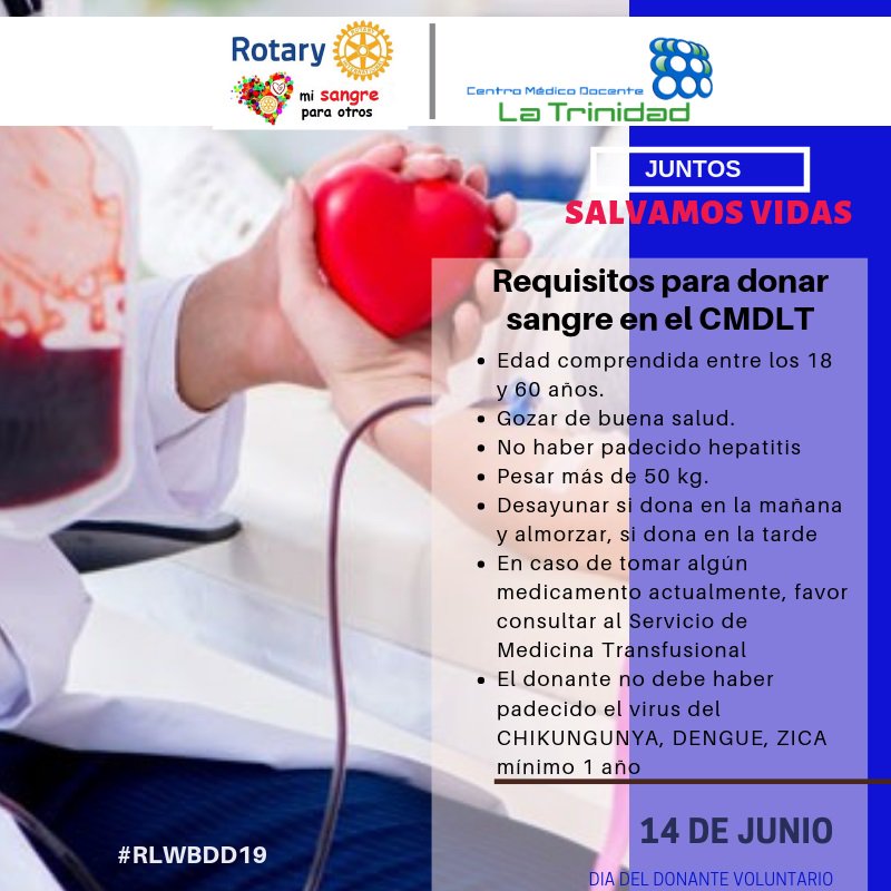 RotaryBaruta's tweet photo. @RotaryBaruta se suma a la celebración del #DíaMundialDonanteDeSangre este #14JUN en campaña que une a clubes rotarios del mundo, con individuos e instituciones como el Centro Médico Docente La Trinidad, en Caracas #CMDLT #RLWBDD19 #Rotary @RotaryES #ComparteTuVida https://t.co/iamVi1yVTK