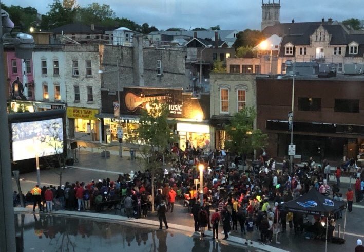 DannaGuelph's tweet photo. Guelph’s #raptorssquare @cityofguelph great night. Great game. Raptors killed it! So glad to be downtown together. #nogame7 https://t.co/im4HgHL1d4
