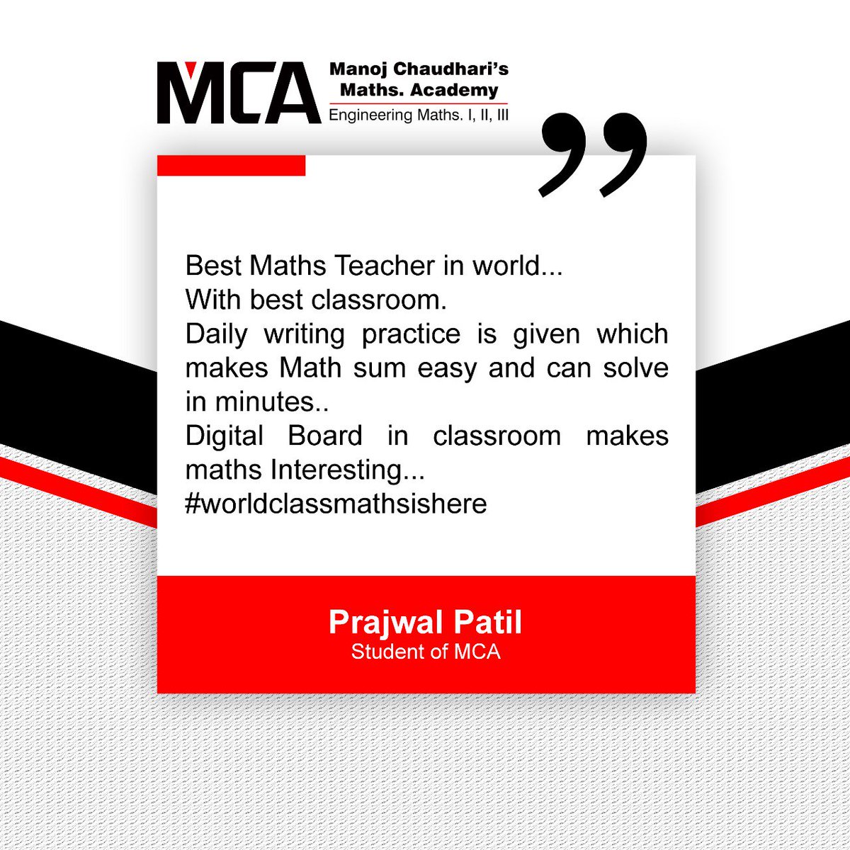 MCAforMaths's tweet photo. We are filled with joy and gratitude when students are full of praises and appreciation for the faculty and staff members of the academy.
Thank you PRAJWAL PATIL for your kind words.π
#MCA #mathsclass #MCAformaths https://t.co/NnSGbq15VQ