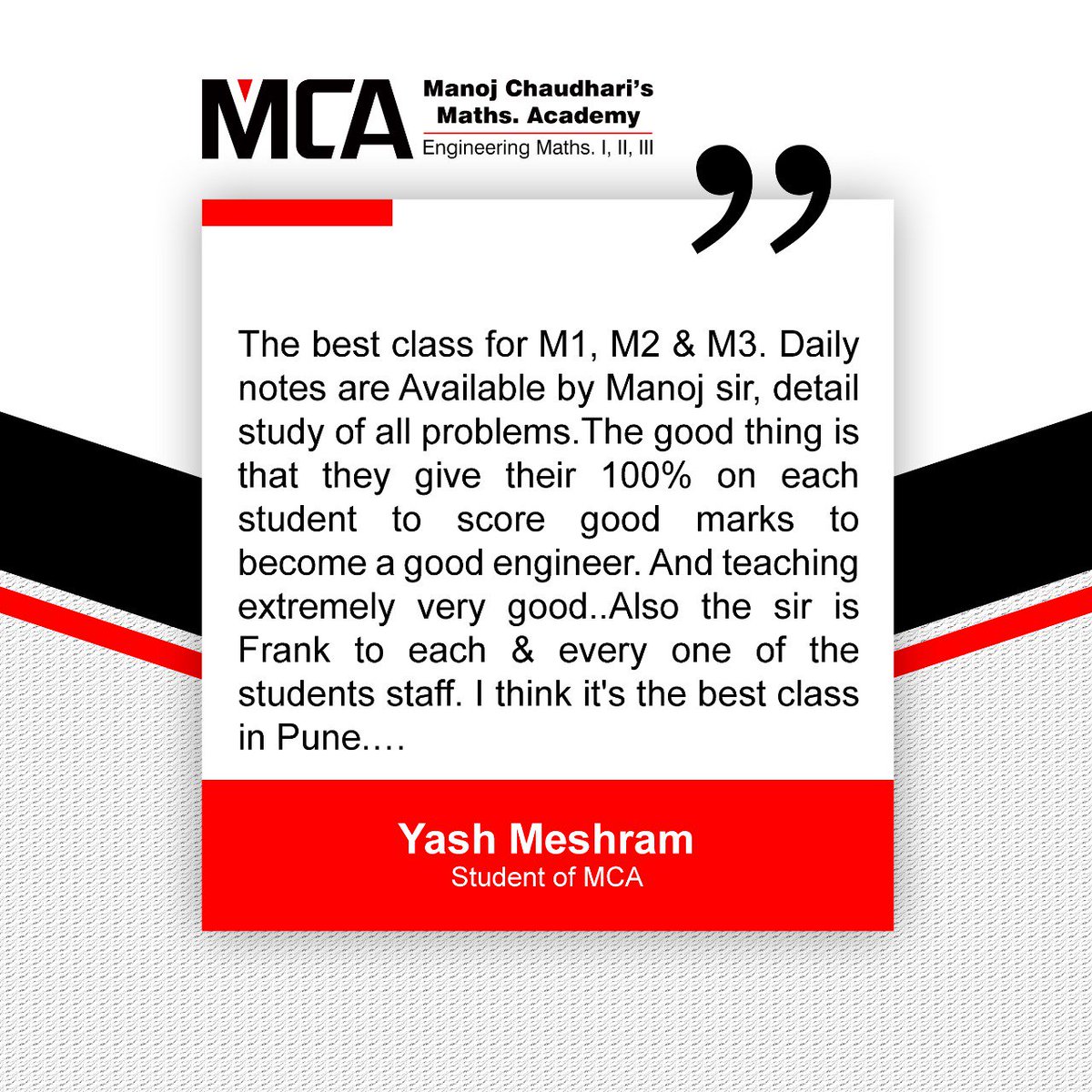 MCAforMaths's tweet photo. We are filled with joy and gratitude when students are full of praises and appreciation for the faculty and staff members of the academy. 
Thank you YESH MESHRAM for your kind words.😀
#MCA #mathsclass #MCAformaths https://t.co/AUUNn03Xp3