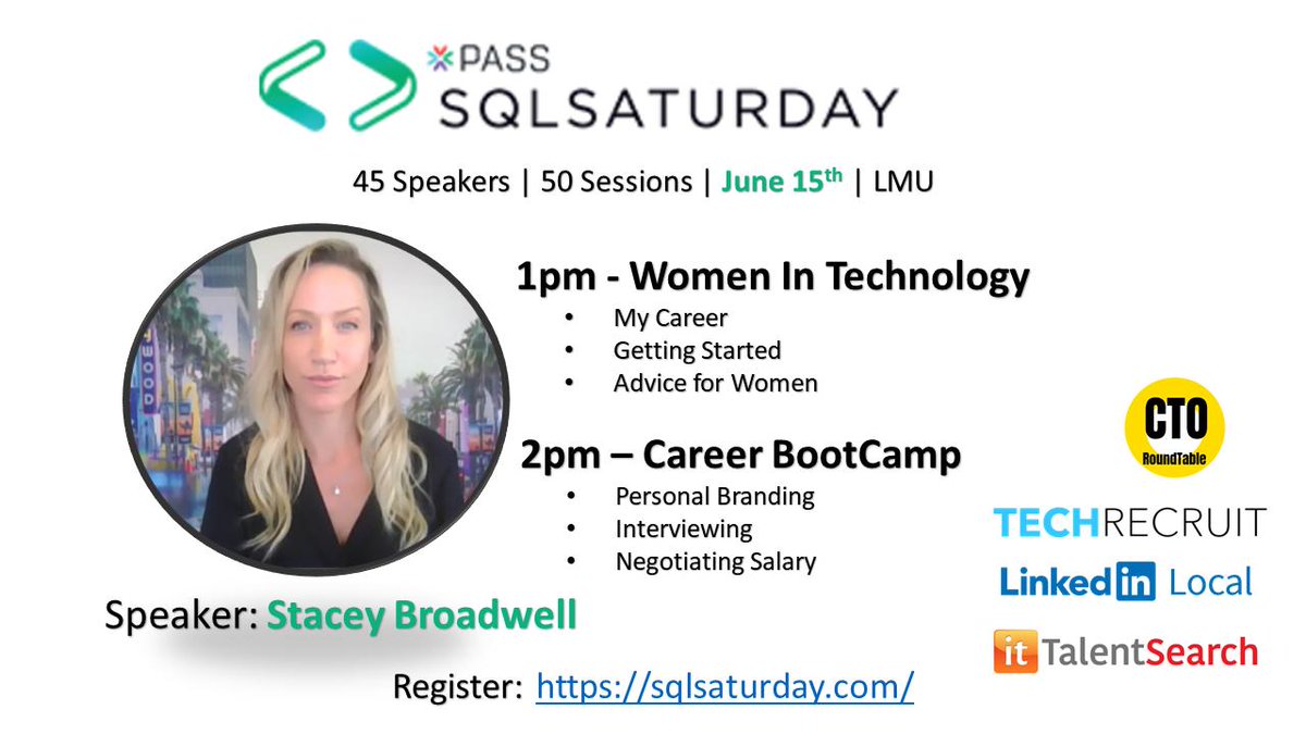 CTO_RoundTable's tweet image. Check out @StaceyBroadwell&apos;s presentations &amp;amp; #WIT panel @SQLSatLA Register: sqlsaturday.com/891/EventHome.…
