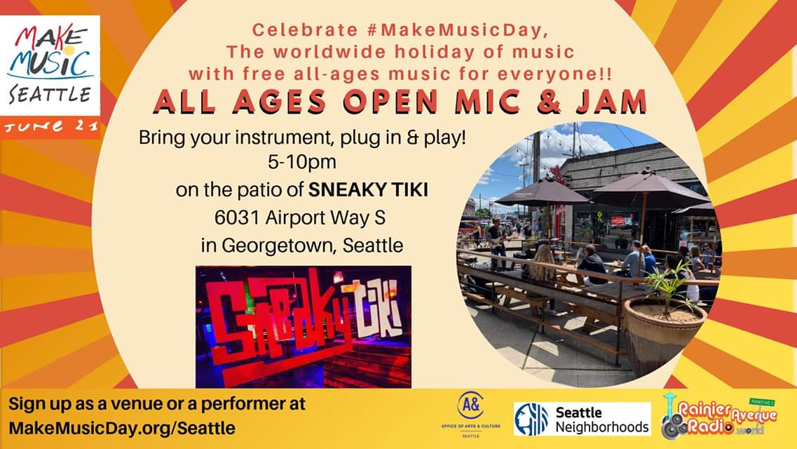 makemusicsea's tweet photo. #MakeMusicSeattle
#AllAges #OpenMic & Jam at Sneaky Tiki Georgetown
5-10pm
Come plug in to the sound system on the patio to play your original music or jam with the crew!
6031 Airport Ave S #Seattle
Thx @RainierAveRadio @SeattleArts @SeaNeighborhood @ShunpikeArts
#MakeMusicDay https://t.co/JCGnjJu7p9