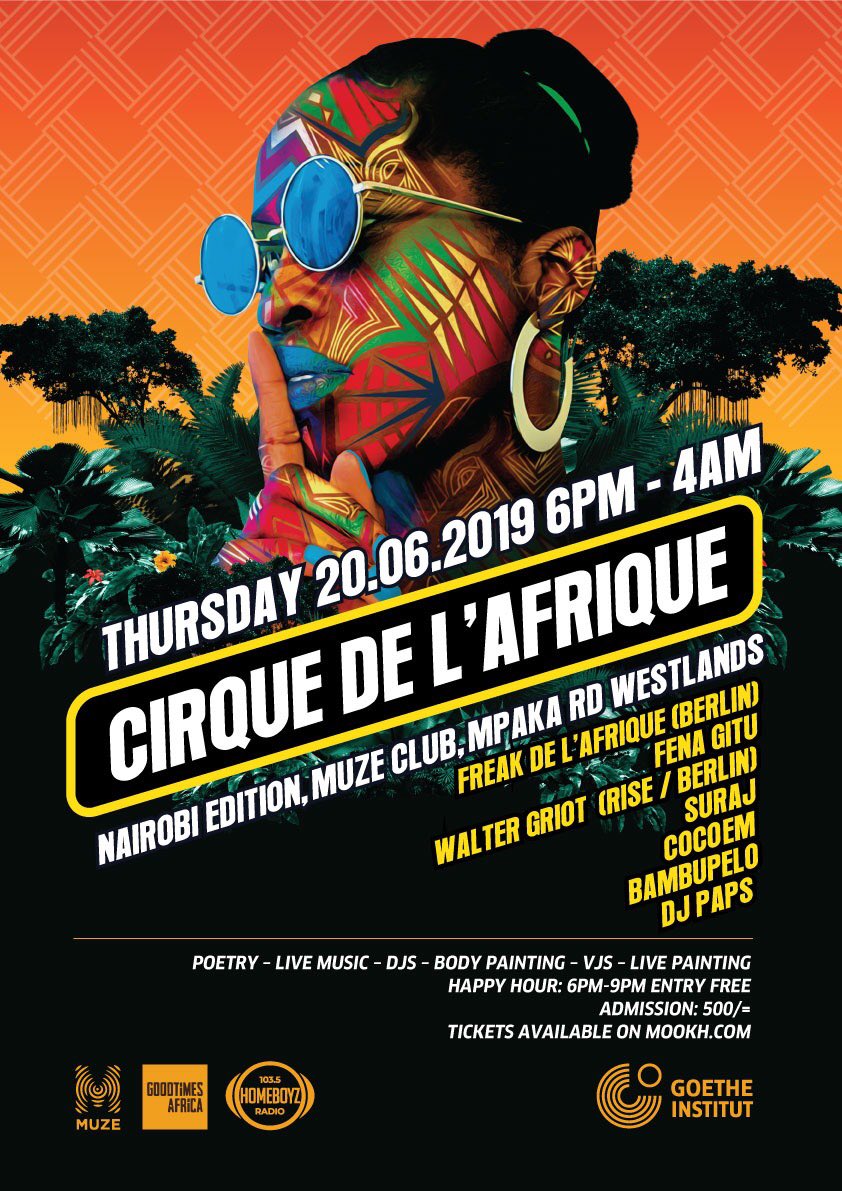 AfricaNouveau's tweet photo. Big ting happening next Thursday 20/6 @muzeclub!Performing at #CirqueDeLAfrique is a collective of DJs, VJs, producers and performers including @Fena_menal, @coco_em, @surajkenya, @mufasapoet, #KenyaDanceEmpire, @IvanIrakoze, #boxofbeats, @djpapdukes01 & @FREAKdelAFRIQUE! 💥 https://t.co/njRBRRYYRZ