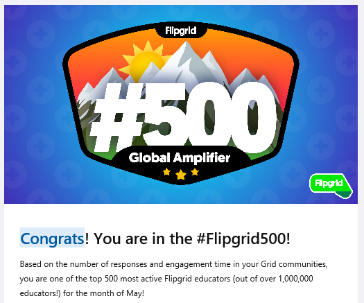 mrnamvas's tweet photo. Wow! Wow! Wow! I am of the top 500 most active @Flipgrid educators (out of over 1,000,000 educators!) for the month of May! #Flipgridfever #StudentVoice #SVABoard https://t.co/yD2qcAwUbv