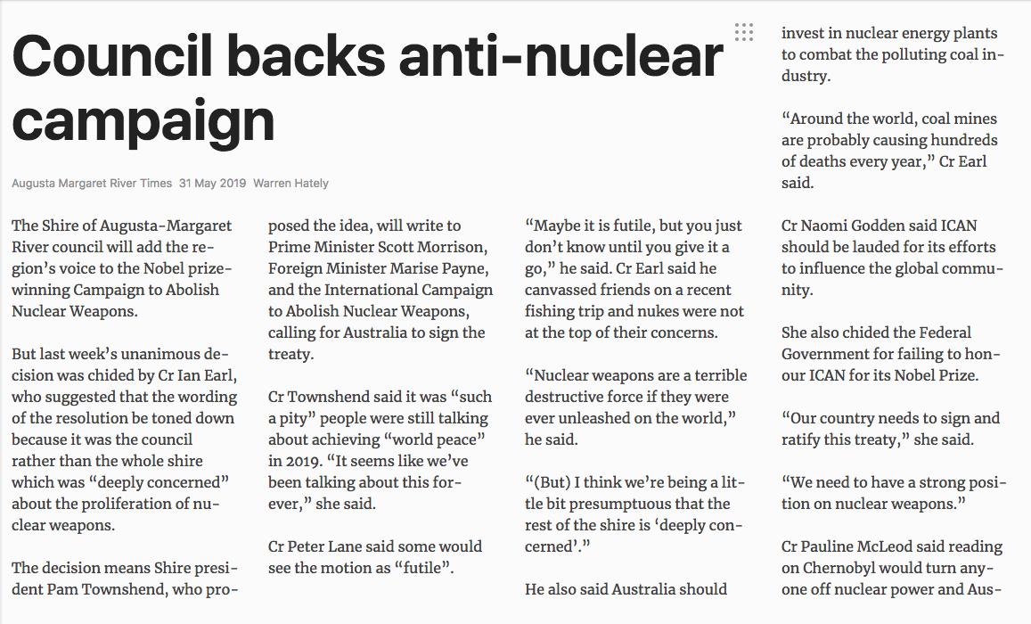 The Shire of Augusta-Margaret River in Western Australia has endorsed the ICAN Cities Appeal. Thank you Shire President Pam Townshend! 
#nuclearban #ICANsave