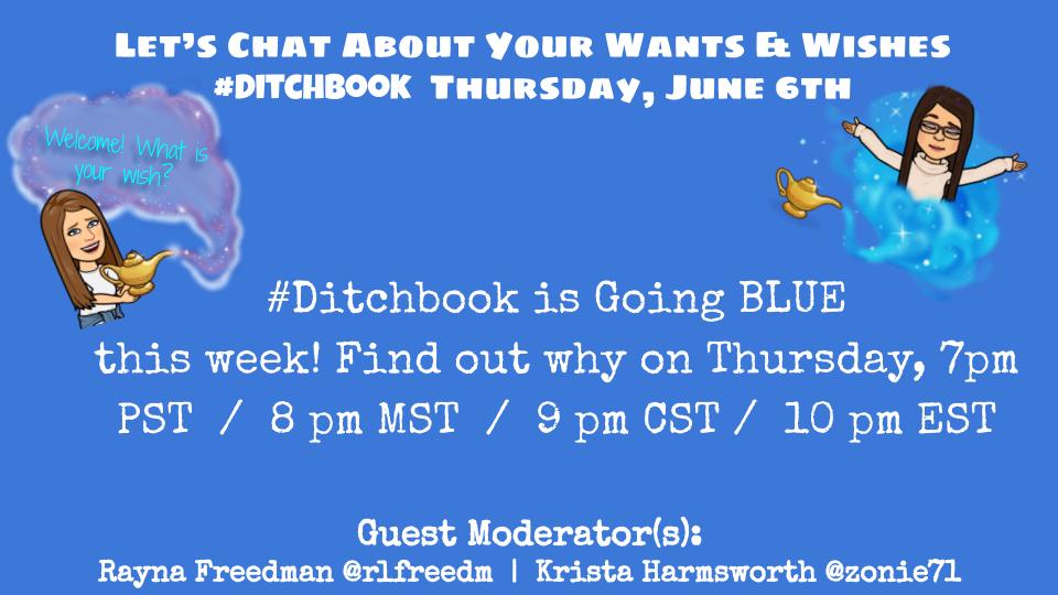 rlfreedm's tweet photo. Hope you will join us tonight #ditchbook going blue! @zonie71 @emosier3 @jmattmiller @KarlyMoura @craigklement @sdemichele @herrplatt @drmcclard @rachelmarker @SEANJFAHEY @shfarnsworth @MandiTolenEDU @Rdene915 @RandallSampson https://t.co/C0G3OvHatr