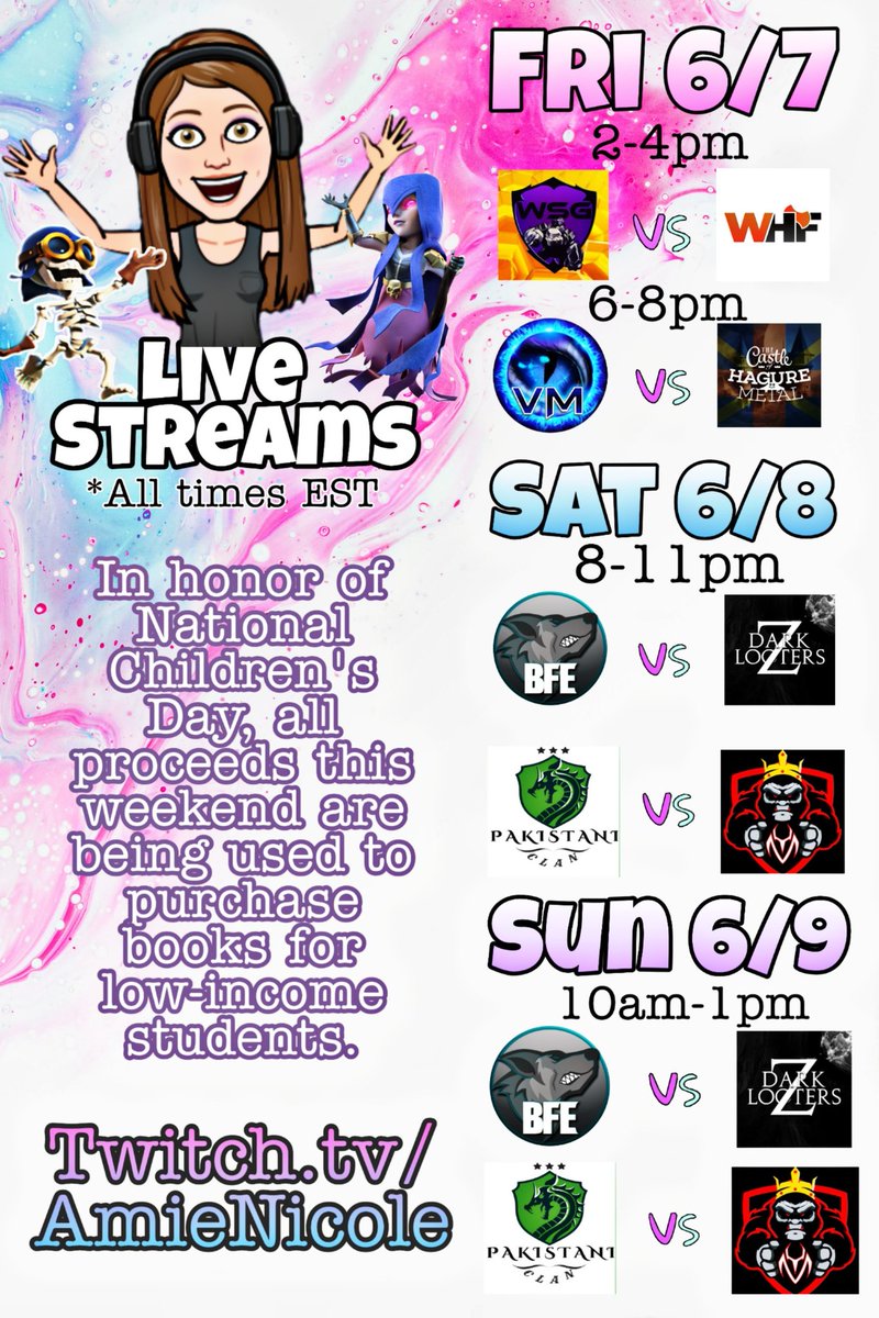 Stream filled weekend before I get off to Chicago! CWL, MLCW, and a fun AW being covered. In honor of National Children's Day on 6/8, all proceeds from this weekend will go towards purchasing books for low-income students. Follow now: twitch.tv/AmieNicole