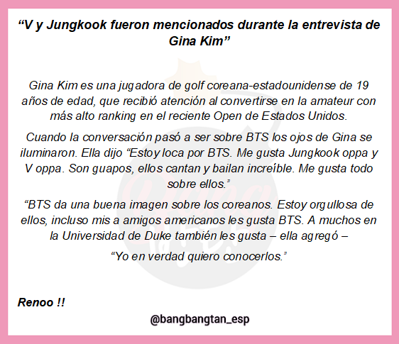 ARMYBOLIVIA7's tweet photo. [INFO]
📰 ARTÍCULO @BTS_twt 

"V y Jungkook fueron mencionados por la golfista Gina Kim"

#PremiosMTVMIAW  #MTVLAKPOPBTS #MTVBRFANDOMBTSARMY 

Cr: Bang Bangtan | BTS ARMY BOLIVIA. https://t.co/SbTI7mg5iY