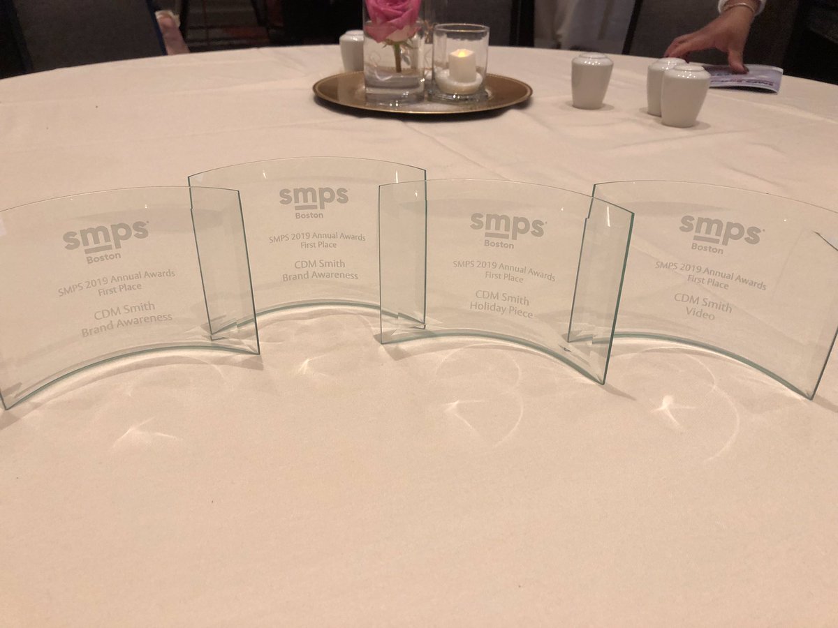 CDMSmith's tweet photo. CDM Smith swept the #BostonSMPSAwards tonight. First place: Marketing Collateral (webinars program), Video &amp; Holiday Piece. But we didn’t stop there, winning Best In-House Design &amp;  Best in Show for our webinar program! Congrats to all winners! #BestBrightestBoldest #Excellence https://t.co/setUPQtdk3