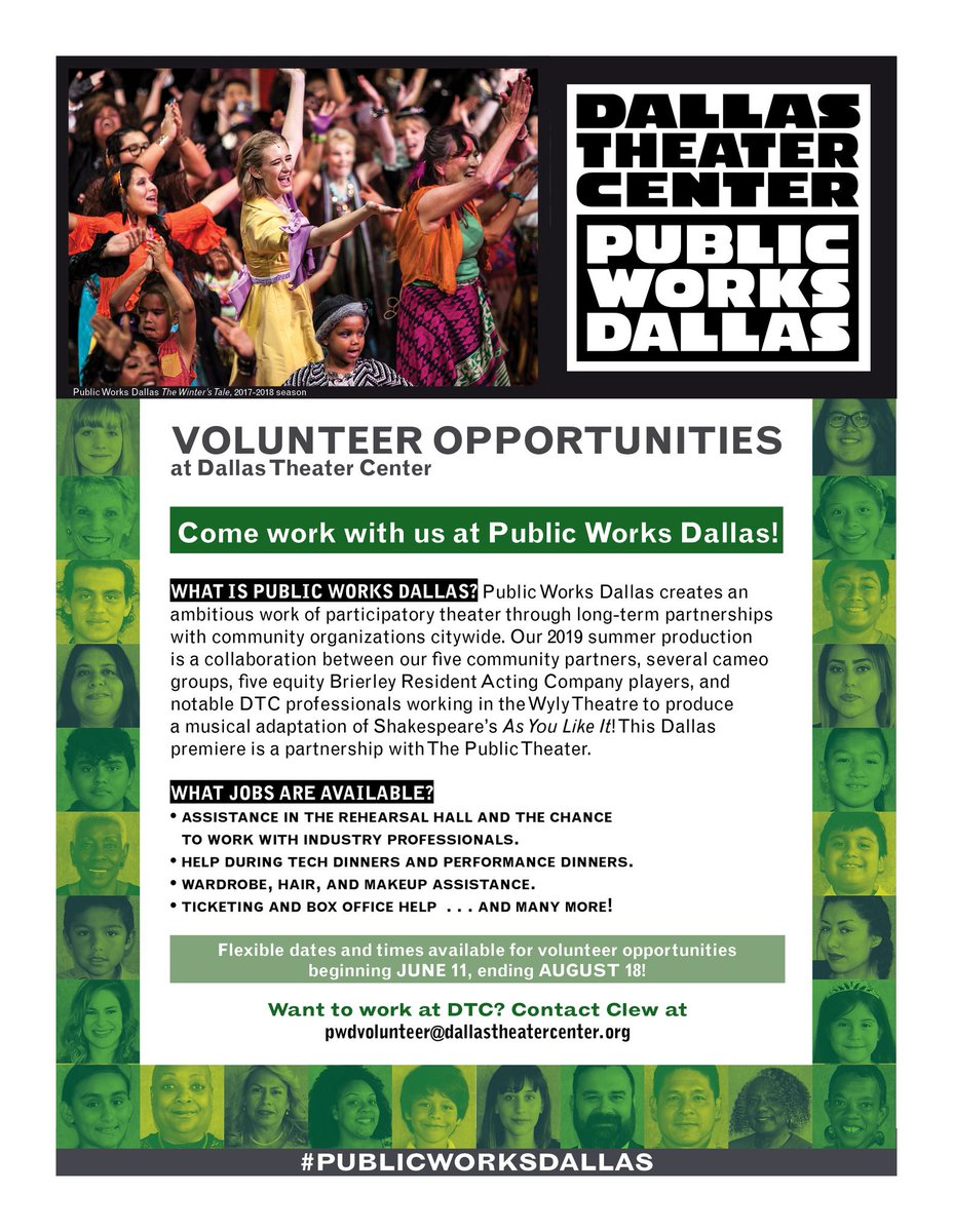 DallasTheater's tweet photo. Opportunities to volunteer for our #PublicWorksDallas production of As You Like It BEGIN NEXT WEEK! Rehearsals start July 9, and the show runs from Aug 16-18.
Bilingual Spanish speakers are a plus, but not a requirement!
Email pwdvolunteer@dallastheatercenter.org for more info https://t.co/L6aXjiXYlA