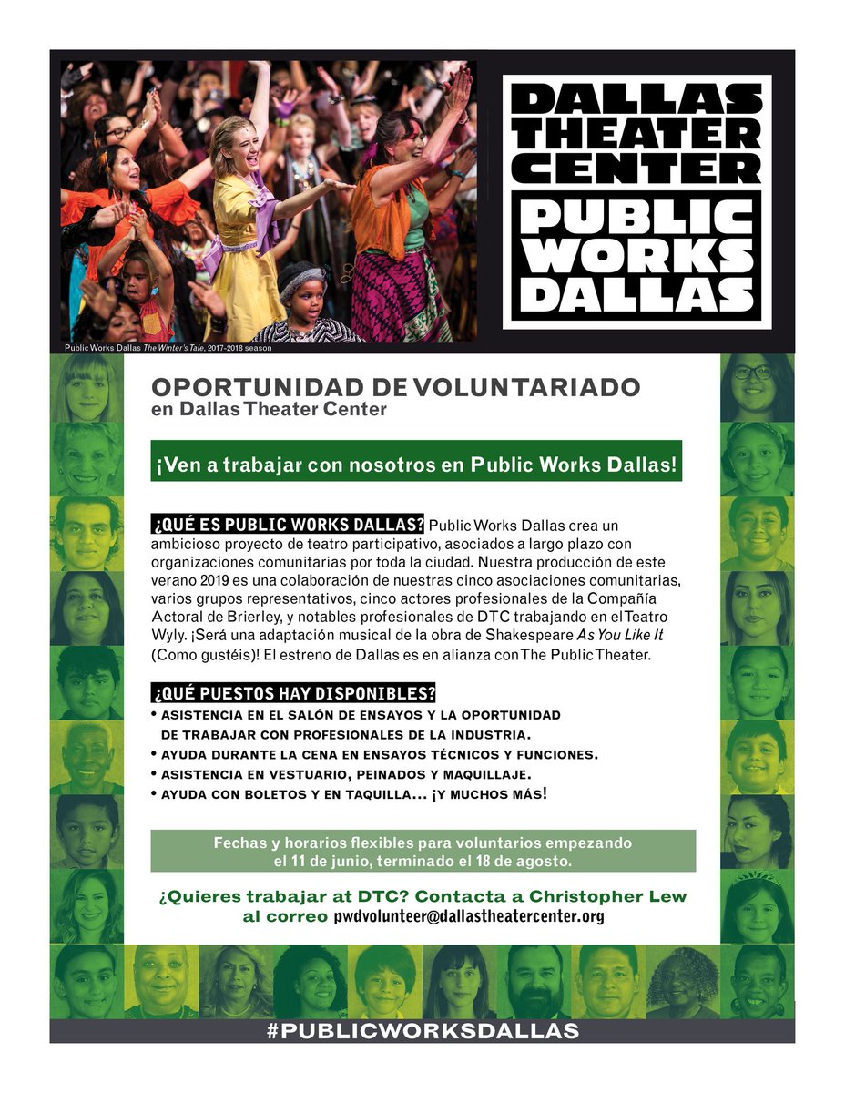 DallasTheater's tweet photo. Opportunities to volunteer for our #PublicWorksDallas production of As You Like It BEGIN NEXT WEEK! Rehearsals start July 9, and the show runs from Aug 16-18.
Bilingual Spanish speakers are a plus, but not a requirement!
Email pwdvolunteer@dallastheatercenter.org for more info https://t.co/L6aXjiXYlA