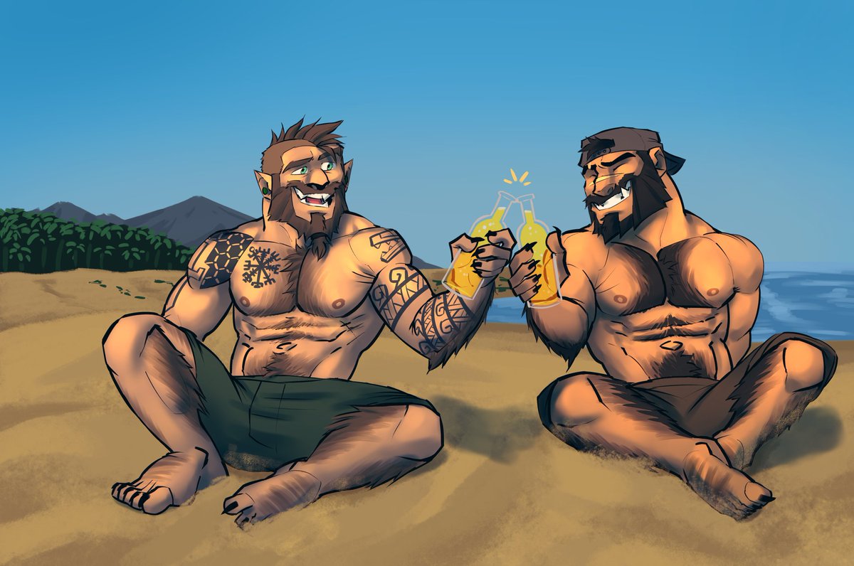 Here's a full-color commission for <a href="/LancelotSteele/">Tankiest Tank</a> of Tank and Connor chilling at the beach like the wolf bros they are