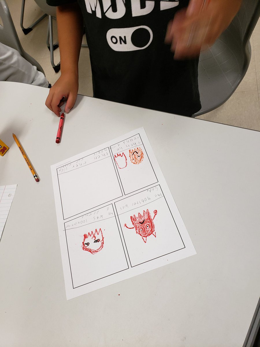 mrsbeasknees's tweet image. We created comic strips over the book Love Monster.  The kiddos had to draw pictures and write what happened in order using transition words.  No summer slide here!! #rosecity #summerteaching