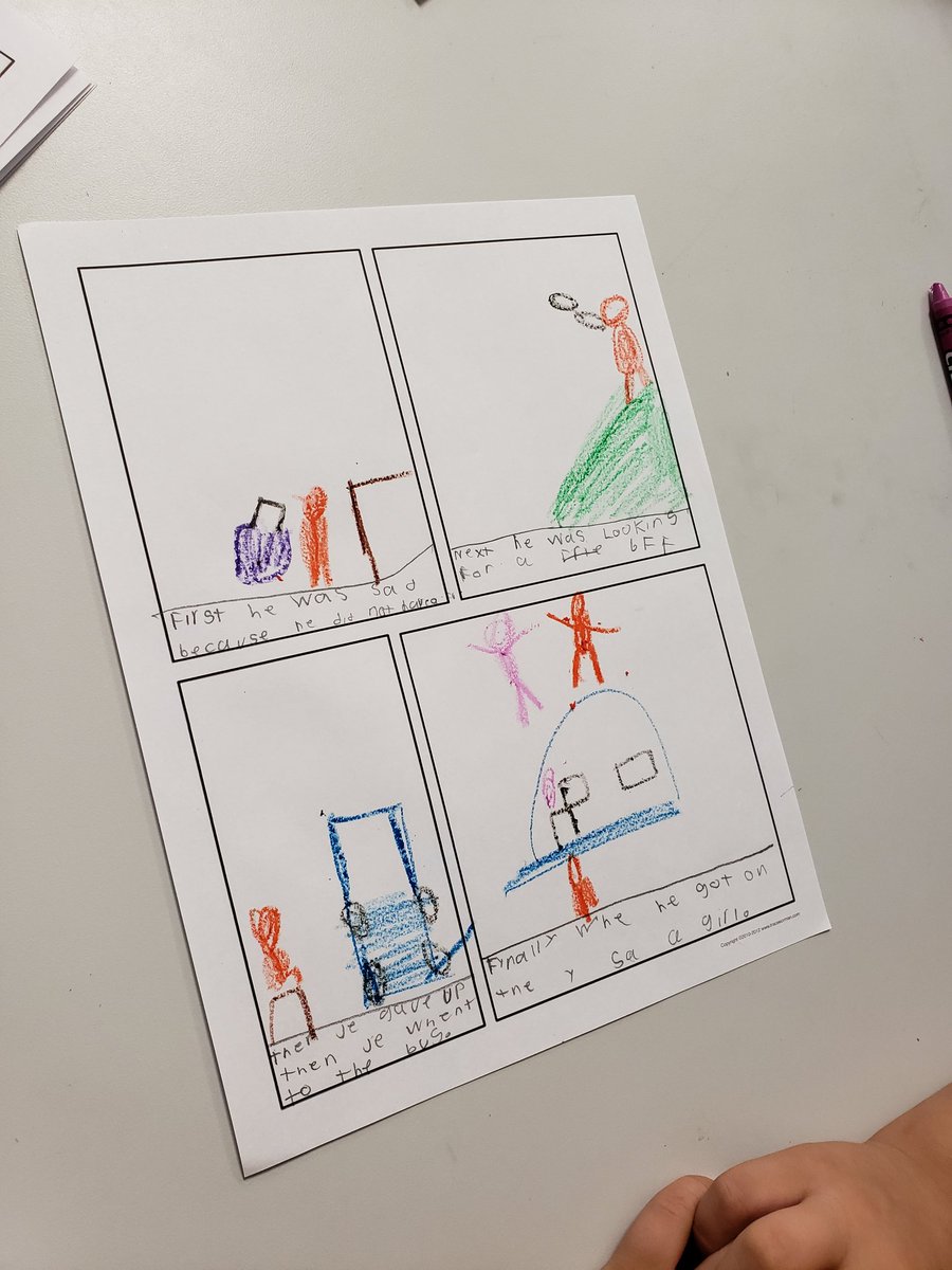 mrsbeasknees's tweet image. We created comic strips over the book Love Monster.  The kiddos had to draw pictures and write what happened in order using transition words.  No summer slide here!! #rosecity #summerteaching