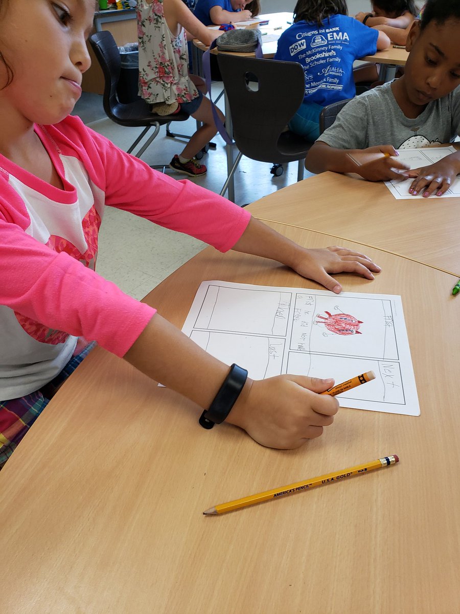 mrsbeasknees's tweet image. We created comic strips over the book Love Monster.  The kiddos had to draw pictures and write what happened in order using transition words.  No summer slide here!! #rosecity #summerteaching