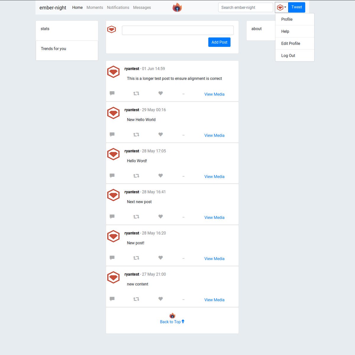 Ryan67784760's tweet photo. Day 6: #100daysofcode
Finishing up on my #rubyonrails twitter clone.  It has been interesting to work with the rails framework for the first time in depth.  TONS of functionality built in which I like! #code #ruby #Developer https://t.co/vSjR5CoFjh
