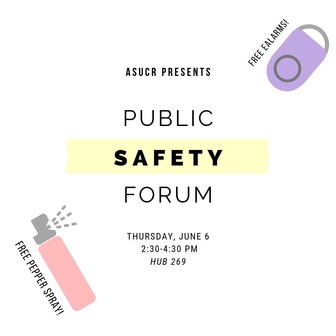 ASUCRiverside's tweet photo. The Campus Safety Alliance &amp; Internal Affairs Committee invite you to the Public Campus Safety Forum today from 2:30 pm - 4:30pm! 💛💙 https://t.co/poThjd4I0w