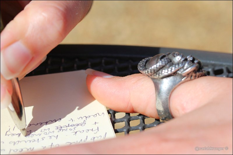 My other half took this close-up of me writing notes for my second book when we were out enjoying the sun. He couldn't imagine how I could write disturbing thriller scenes in a bustling cafe and neither can I, but it somehow worked!