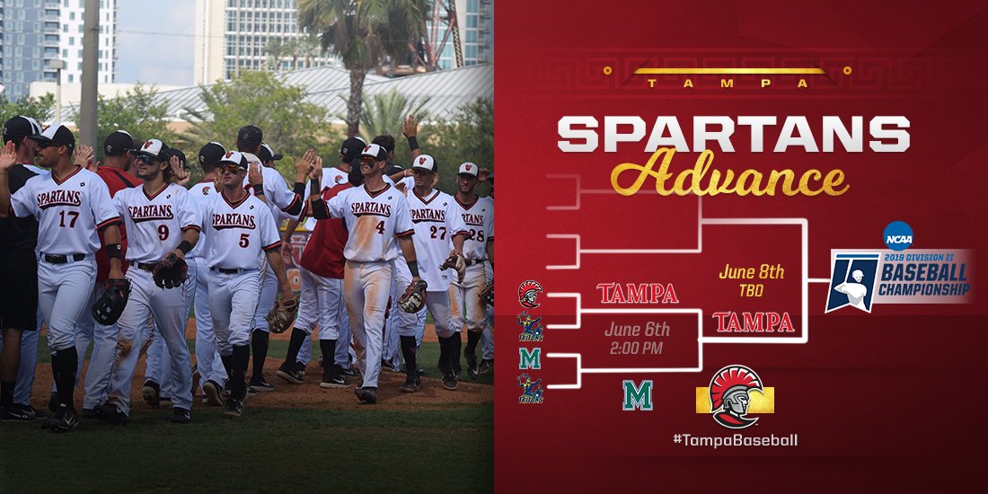 UTampaBaseball's tweet photo. FINAL || UT WINS 12-0:

The Spartans rout the Mercyhurst Lakers, scoring ten runs in the first three innings. Tampa advances to the 2019 NCAA DII National Championship, seeking their eighth title in program history. 

#TampaBaseball #StandAsOne https://t.co/2kwmQvUGzB