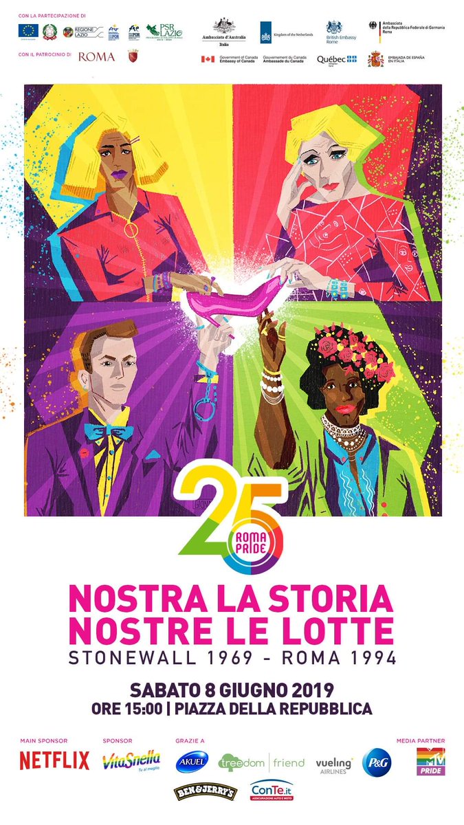 Sylvia, Stormé, La Karl, Marsha. 50 anni fa la rabbia, la forza e il bisogno di affermare le proprie esistenze. 25 anni fa il primo Pride moderno e unitario di Roma dove una marea ribelle e colorata invade le strade della città.

#RomaPride 2019
NOSTRA LA STORIA, NOSTRE LE LOTTE