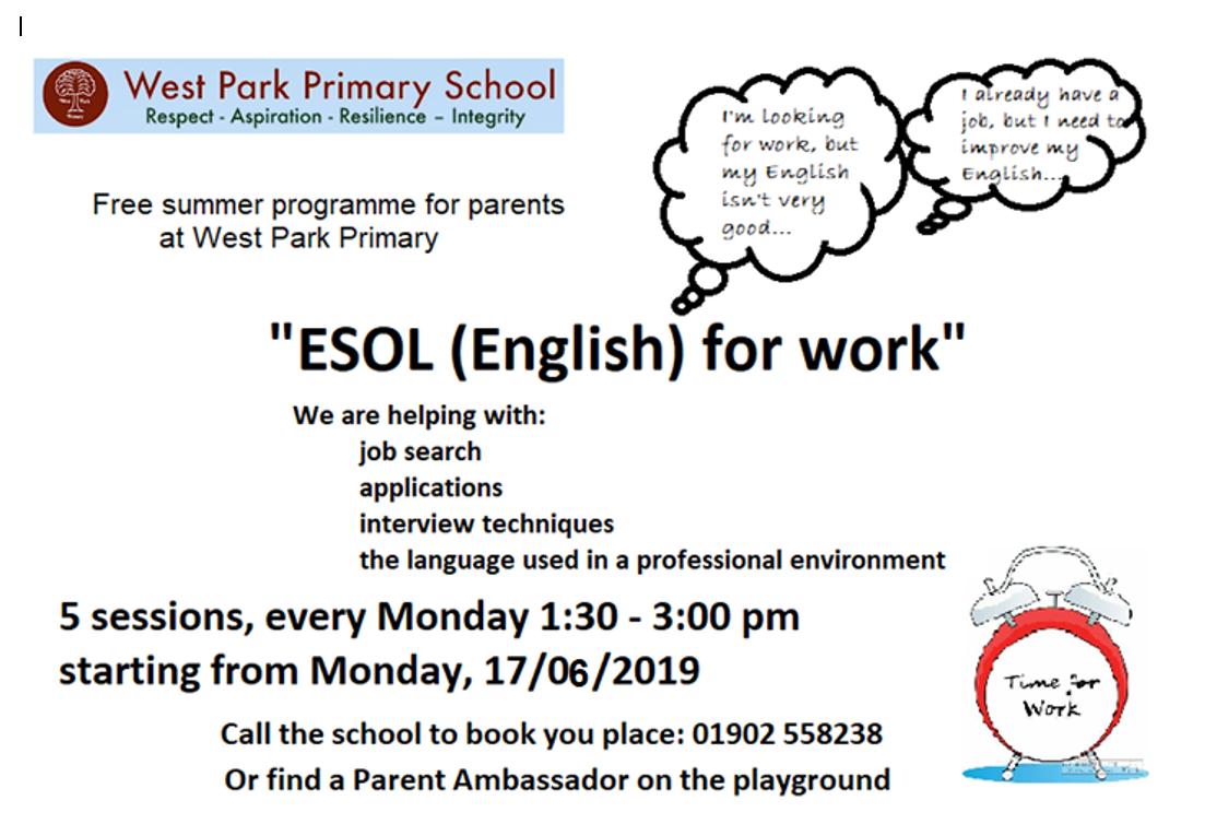 Are you a parent or carer with children <a href="/WestParkPri/">West Park Primary</a> and want to find work? Please come along to these free ESOL for work classes run by a parent ambassador. #SanctuaryCities #respect