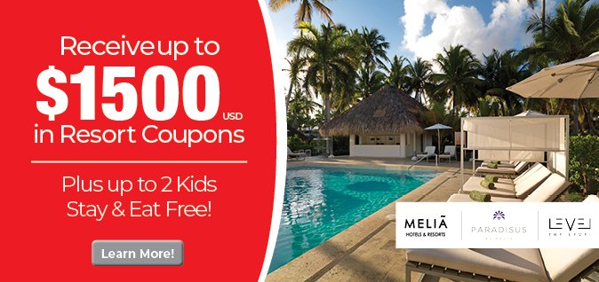 Sunquest's tweet photo. Receive up to $1500 USD in Resort Coupons PLUS up to 2 Kids Stay &amp; Eat FREE at select Melia, Paradisus and Level Hotels &amp; Resorts! https://t.co/xSmZUH4png https://t.co/OQ9jXAr2x8