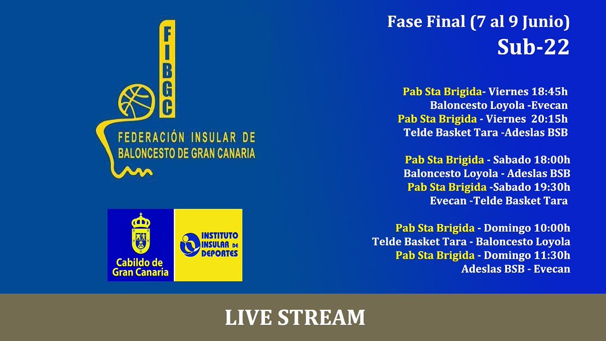 FIBGranCanaria's tweet photo. 🏆 #Sub22Masculino
🥇 #FaseFinal
📆 #Del7al9deJunio
📺 #LiveStreaming
📊 #ActaDigital @nbn23basket
🌐 https://t.co/r7YckKAMeX
📌 #PabellonSantaBrigida
🆚 @BSBStaBrigida
🆚 @TeldeBasketTara
🆚 #Evecan
🆚 #Loyola

#FIBGranCanaria #Baloncesto #Basketball #GranCanaria @grancanariadep https://t.co/6DwaalZ1b5