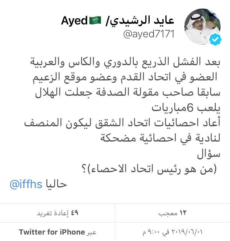 #عادات_عايد

يسميه اتحاد الشقق لأنه وضع الهلال أولاً كأكثر الأندية السعودية نقاطاً
ويروج لجهة أخرى غير رسمية والتي تضع الهلال أولاً على الفرق السعودية وثالثاً في آسيا 
الغريب انه كان ينقل عن هذا الاتحاد في صحيفته حينما يضع احصائيات ماجد عبدالله

الحين من هو المضحك 😄

<a href="/ayed7171/">عايدالرشيدي/ Ayed🇸🇦 #واحد</a>