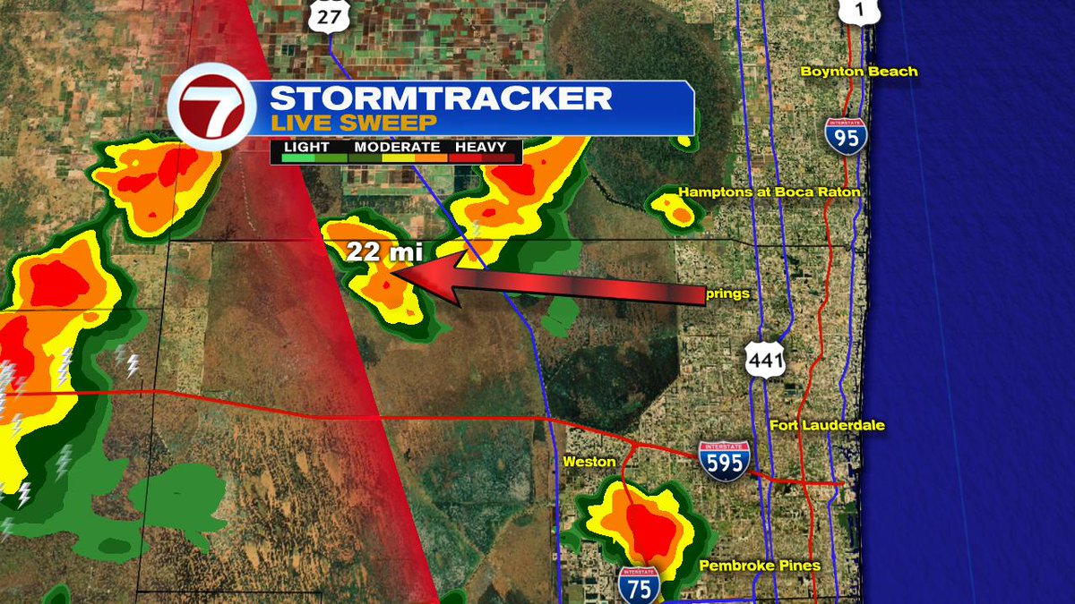PhilFerro7's tweet photo. Significant weather advisory for Broward until 6:15 pm. This storm about 22 miles west of Coral Springs is capable of funnel cloud formation. Its moving east at 5 mph. https://t.co/2kZeiqD6lI
