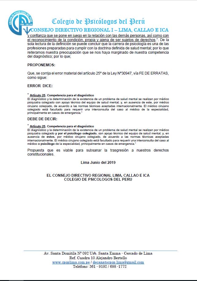 Pronunciamiento del Consejo Directivo Regional I – Lima, Callao e Ica del Colegio de Psicólogos del Perú ante la Ley de Salud Mental Nº 30947, publicada el 23 de Mayo del 2019 <a href="/MartinVizcarraC/">Martín Vizcarra</a> <a href="/dsalaverryv/">Daniel Salaverry</a> #CDRILIMACALLAO #LeySaludMental #Presidentedelarepublica #Ministrodesalud