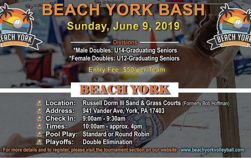 beachyorkvolley's tweet photo. The Bash is THIS SUNDAY!! Be sure to register you and your partner at https://t.co/DaR59ioIc0 by Saturday night!! Each division winner will automatically receive one FREE week of our Beach York sessions package! Come out, have fun, and compete for all of our awesome prizes!! https://t.co/qgwhItKM7r