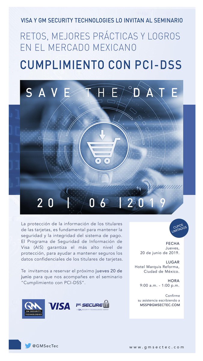 gmsectec's tweet photo. Solo faltan 13 días para el Seminario: Cumplimiento con #PCIDSS Retos, Mejores Prácticas y Logros en el Mercado Mexicano.
Si quieres aún puedes invitar alguien, estás a tiempo. Registro a través de mssp@gmsectec.com #1stsecureitmx #Mexico https://t.co/Wl3hMn5gyP